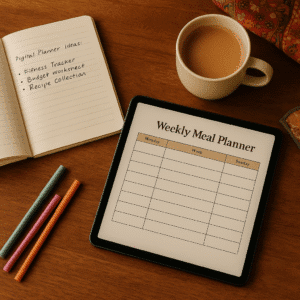 Tablet with digital planner and notebook showing ideas for passive income products