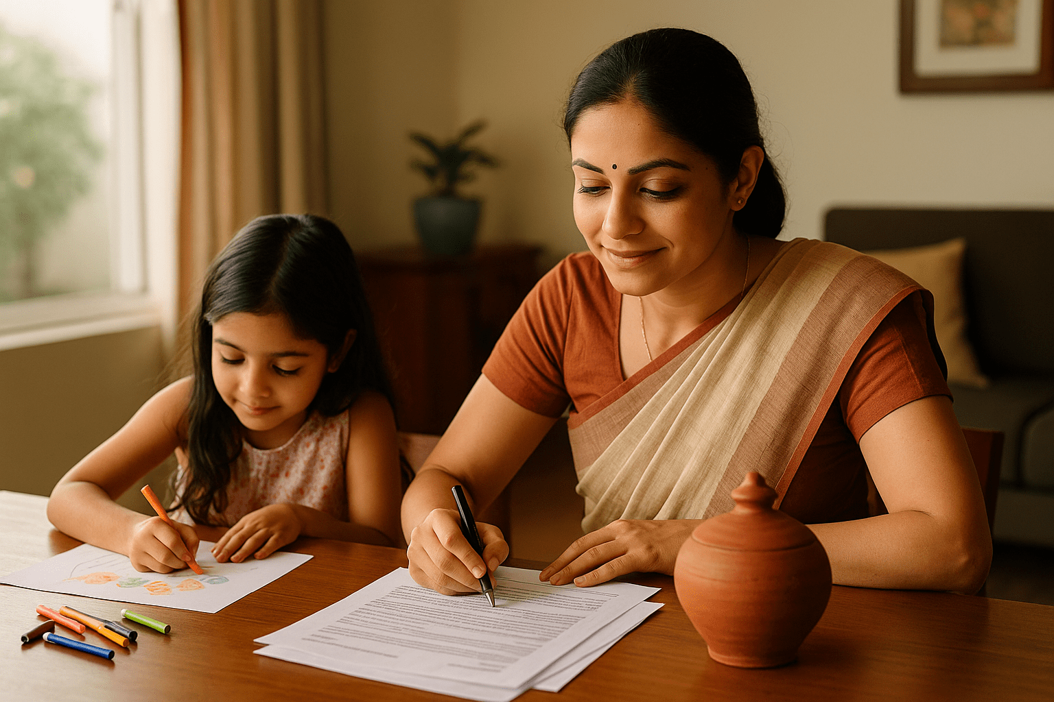 Indian mother reviewing Sukanya Samriddhi Yojana plan while her daughter draws beside her