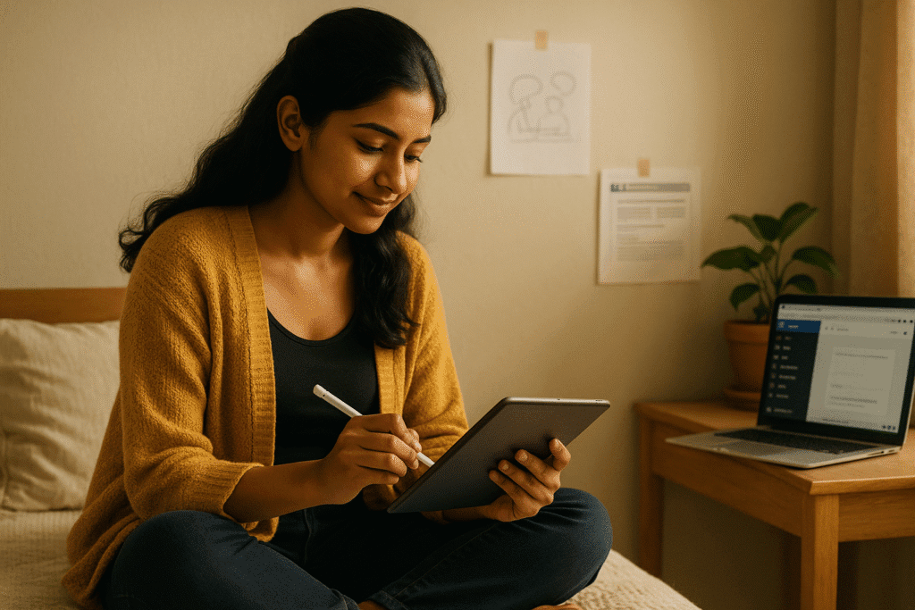 A confident Indian woman creating google web stories at home using a tablet