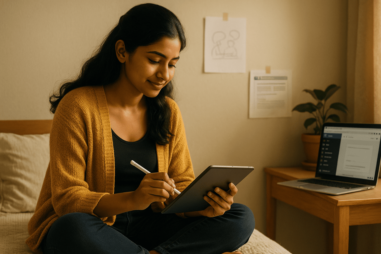 A confident Indian woman creating google web stories at home using a tablet