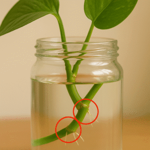 Two nodes of money plant in water fully submerged in a glass jar