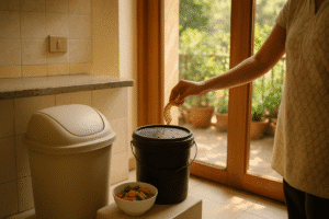 A DIY compost bin scene reflecting a homemaker’s peaceful, empowered kitchen routine
