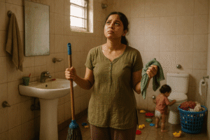 Frustrated Indian mom standing in a messy bathroom trying to keep the washroom clean