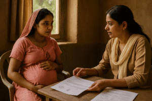Pregnant Indian woman learning about PMMVY benefits at a local health center