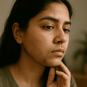 Young South Asian woman showing facial hair due to androgen-driven PCOS causes