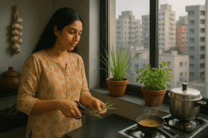 Indian woman cutting lemongrass in her urban kitchen & garden with tea brewing nearby