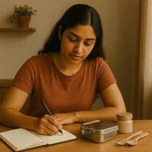 Indian woman writing heartfelt product descriptions for drop shipping