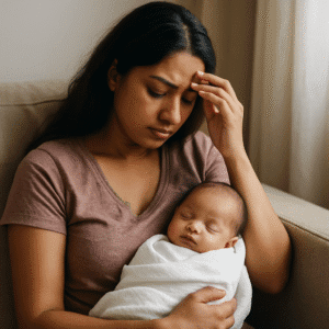 An Indian mother feeling the emotional weight of post pregnancy depression while holding her baby