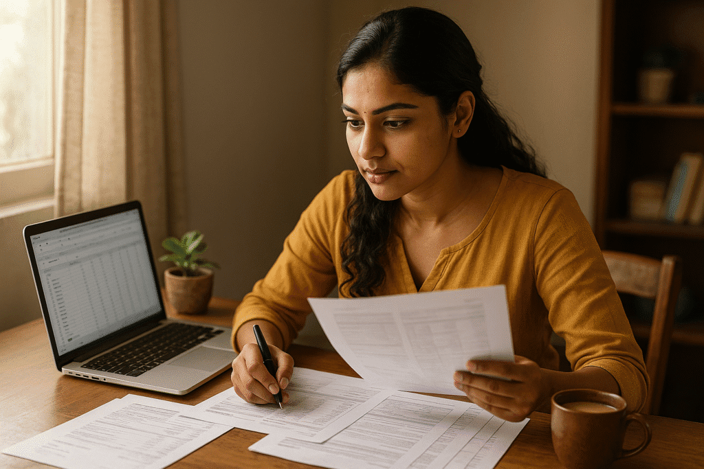 A young Indian woman reviewing Mudra Loan Details at her home desk with focus and determination.
