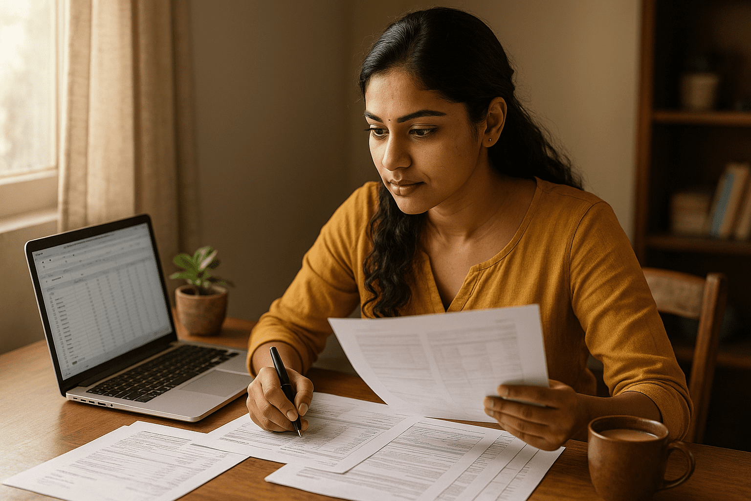 A young Indian woman reviewing Mudra Loan Details at her home desk with focus and determination.