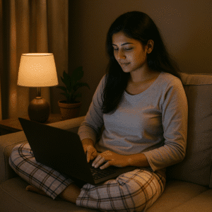 Indian woman in pajamas blogging late at night on her laptop using Blogger