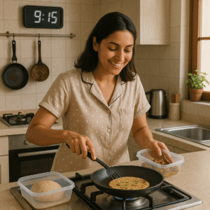 Happy Indian woman using breakfast ideas planner system while cooking stuffed paratha at 9:15 am