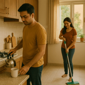 Indian couple sharing household chores as husband makes tea and wife mops the kitchen