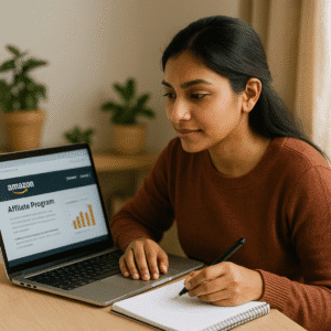 Indian woman exploring Amazon Affiliate Program on her laptop