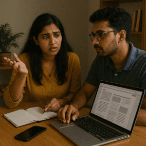 Confused Indian woman discussing blog setup with a web developer