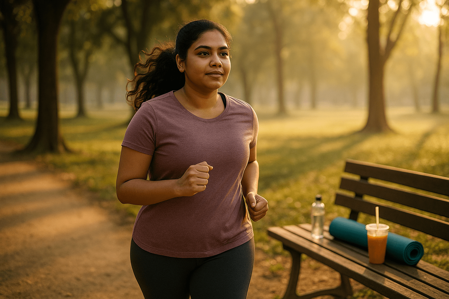 An Indian woman jogging in a sunlit park, embracing her journey of Pcos Weight Loss in 1 Month.