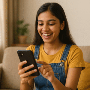 Young Indian college girl happily checking AdSense income on her phone from Blogger