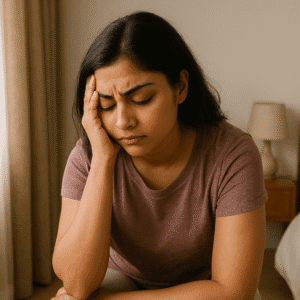 A tired Indian woman holding her head in her hand, reflecting the emotional fatigue and mood swings from the effects of PCOS