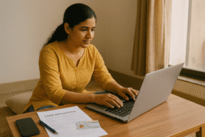 Indian woman applying for Mudra Yojana online from home with required documents
