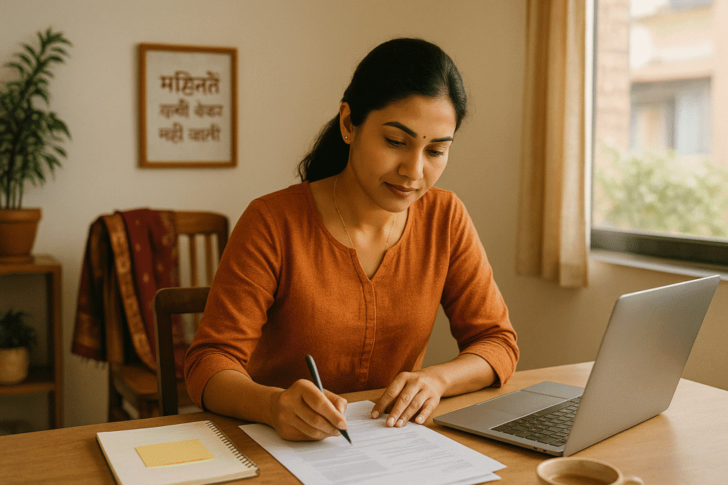 An Indian woman entrepreneur planning her business growth with support from Mudra Yojana