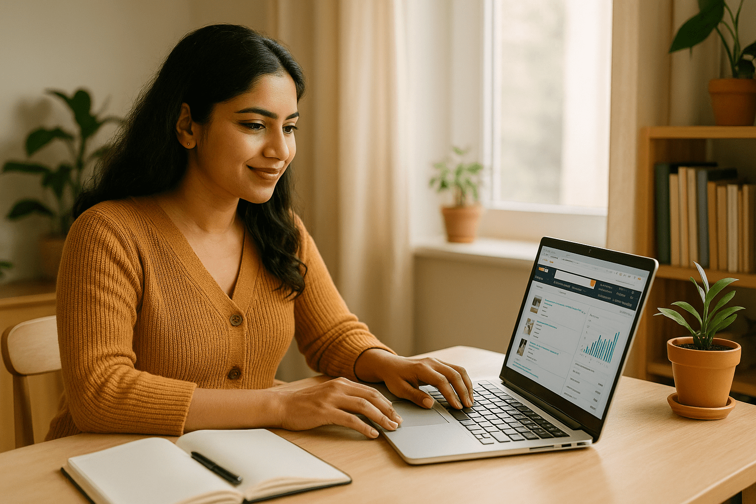 Confident Indian woman working on her blog to grow earnings through Amazon Affiliate Program