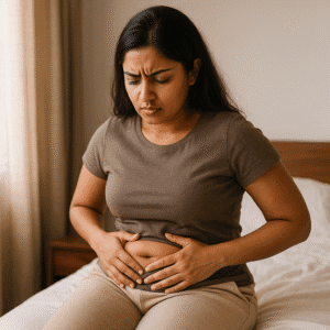 A South Asian woman holding her abdomen in concern, representing weight gain linked to the effects of PCOS