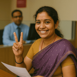 An Indian woman from a lower-income household showing a victory sign at a bank after completing Mudra Loan Details formalities.