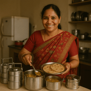 Indian woman serving home-cooked meals from her kitchen after starting a tiffin business with Shishu Mudra Loan