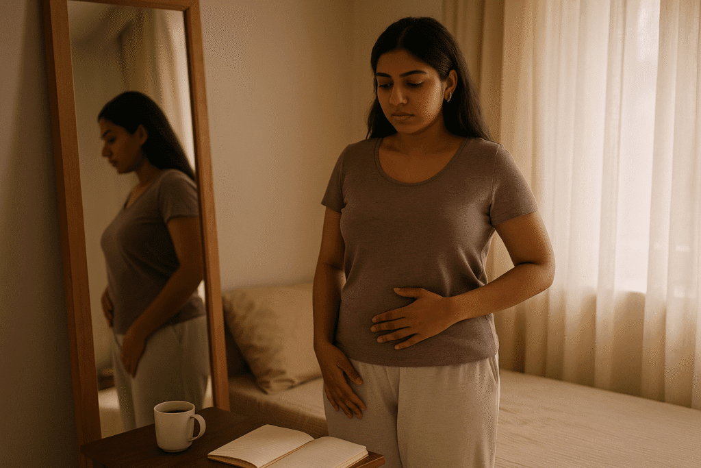 Young Indian woman reflecting on her body as she begins her journey to address PCOS Weight Gain