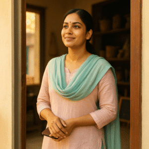 A hopeful Indian woman stepping toward her entrepreneurial journey with support from Mudra Yojana