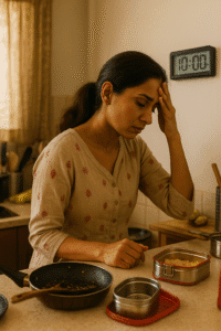 Indian woman stressed in kitchen at 10 am while juggling breakfast ideas planner tasks