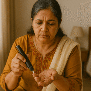 An older Indian woman in a salwar kameez checking her blood sugar, showing the long-term risk of type 2 diabetes from the effects of PCOS
