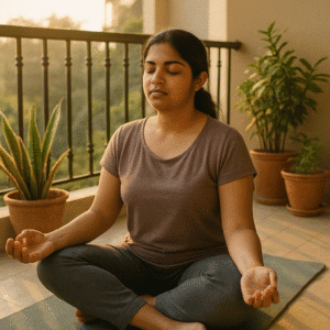 An Indian woman meditating on her balcony in the early morning, starting her metabolism-boosting daily routine for Pcos Weight Loss in 1 Month.