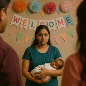 An Indian mother feeling post pregnancy depression during a home welcoming ceremony