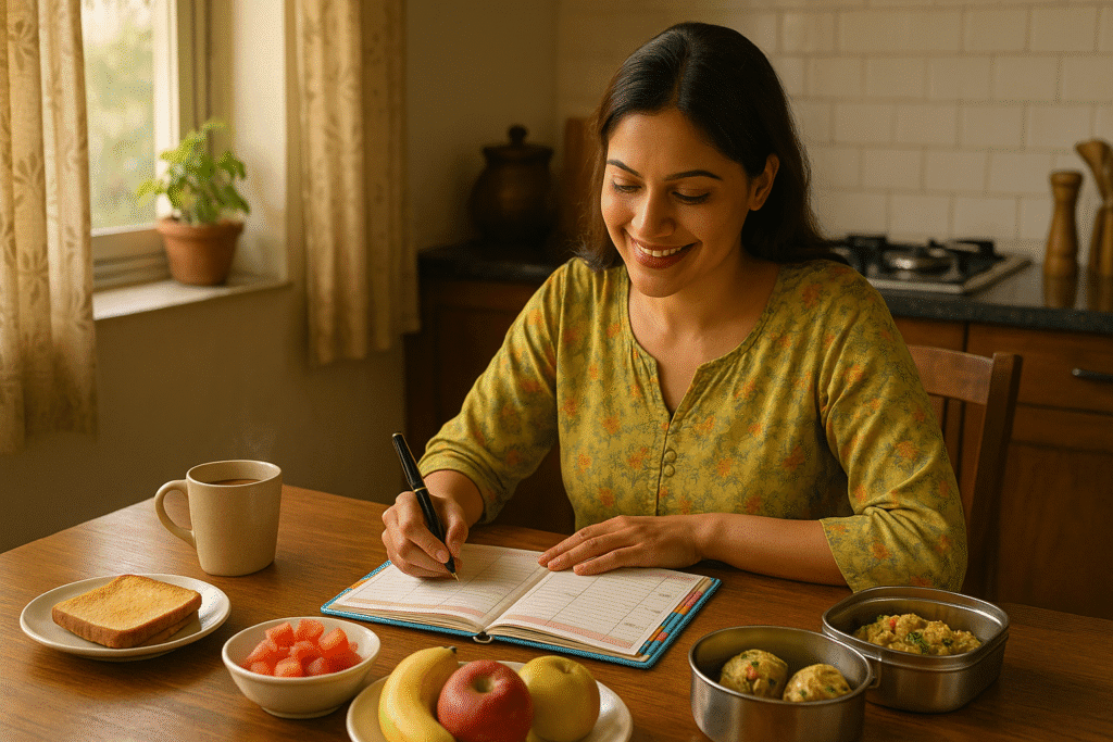 Indian woman using a breakfast ideas planner to organize meals for the week