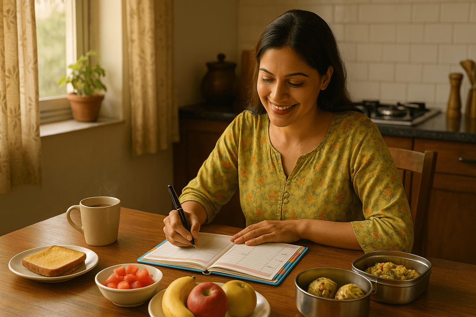 Indian woman using a breakfast ideas planner to organize meals for the week