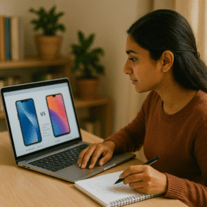 Indian woman creating comparison guides to boost Amazon Affiliate Program sales