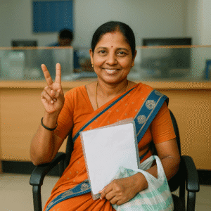 Indian woman from a lower income group seated in a bank, showing a V sign after applying for Shishu Mudra Loan