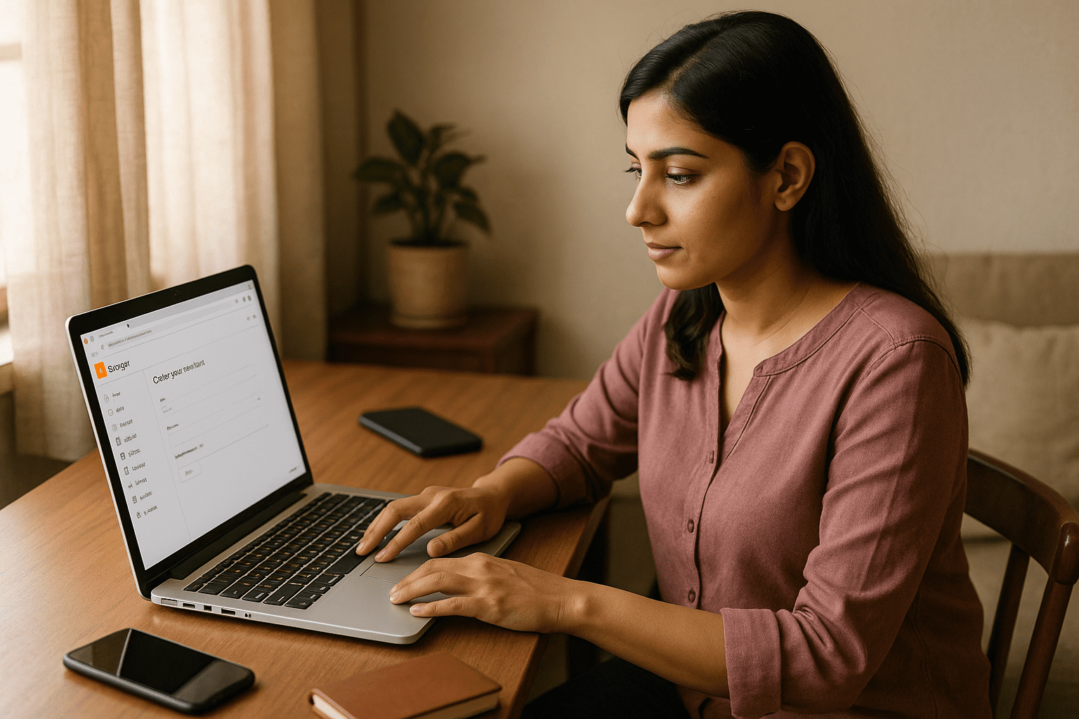 An Indian woman setting up a blog on Blogger platform to start earning online