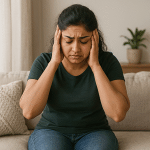 Stressed Indian woman coping with cortisol-driven PCOS Weight Gain