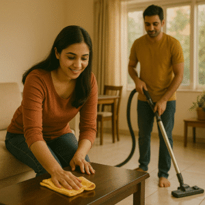 Couple organizing their home together on a Sunday with household chores