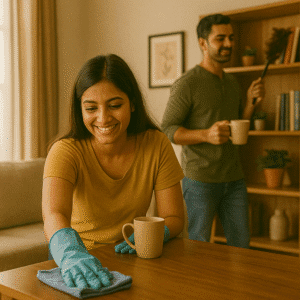Indian couple working together on monthly overlooked household chores