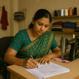 Indian woman writing a business plan for her tailoring shop using Shishu Mudra Loan