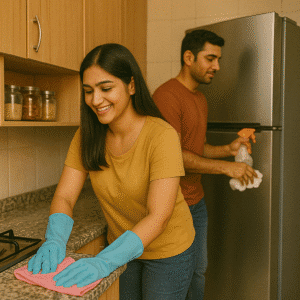 Indian couple cleaning kitchen zones together as part of household chores