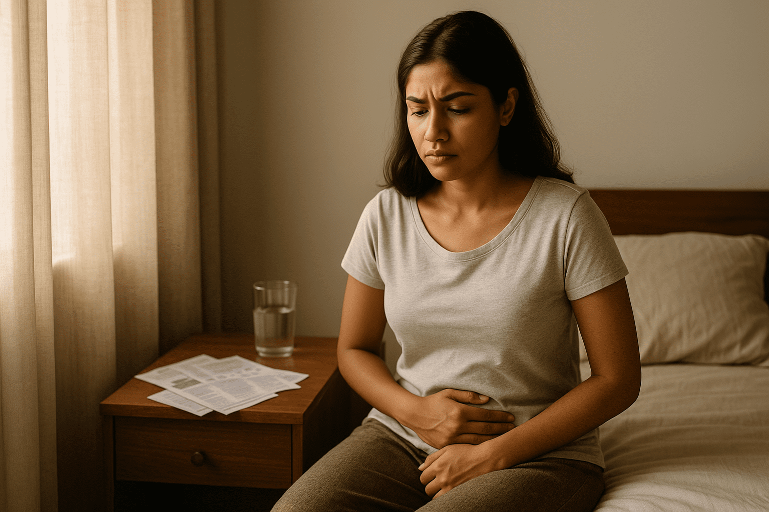 A young Indian woman reflecting on her health, showing the emotional weight of the effects of PCOS