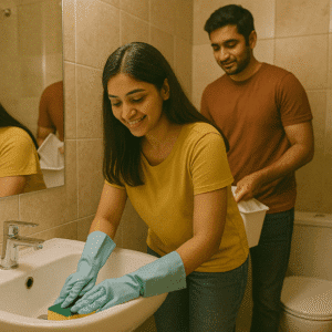 Indian couple cleaning their bathroom together as part of household chores