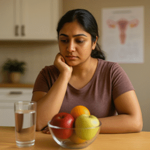A thoughtful Indian woman reflecting on PCOS and its connection to weight gain, focusing on health awareness.