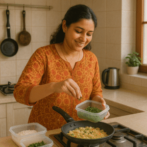Indian woman using a breakfast ideas planner system while cooking with her pre-prepped breakfast dabba