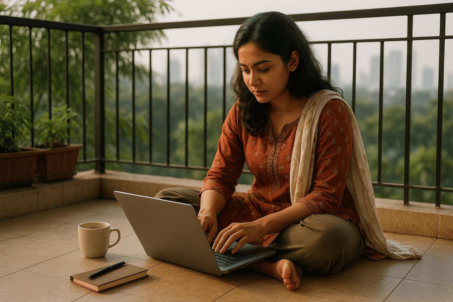 An Indian woman doing blog writing peacefully on her balcony with her laptop