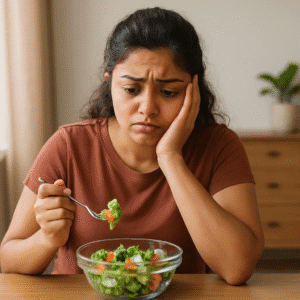 Young Indian woman worried about PCOS Weight Gain while trying to eat healthy